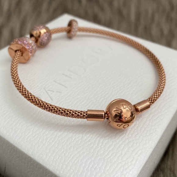 NWOT Pandora Moments Mesh Bracelet in Rose Gold with Charms and Cleaning Kit - Picture 4 of 11